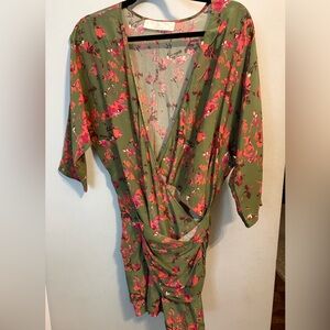 Thakoon Floral Silk faux Wrap Dress in Green and Pink/Orange